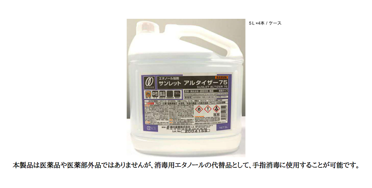 除菌用アルコール 「サンレットアルタイザー７５」（食品添加物